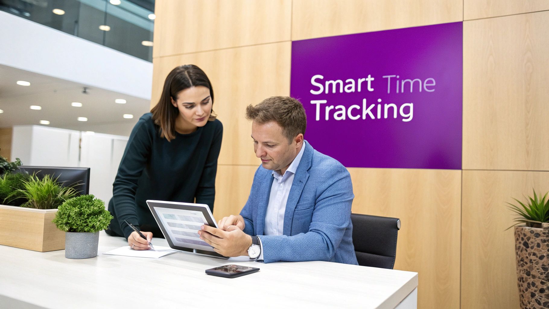 A person using a tablet to manage employee schedules and time tracking.