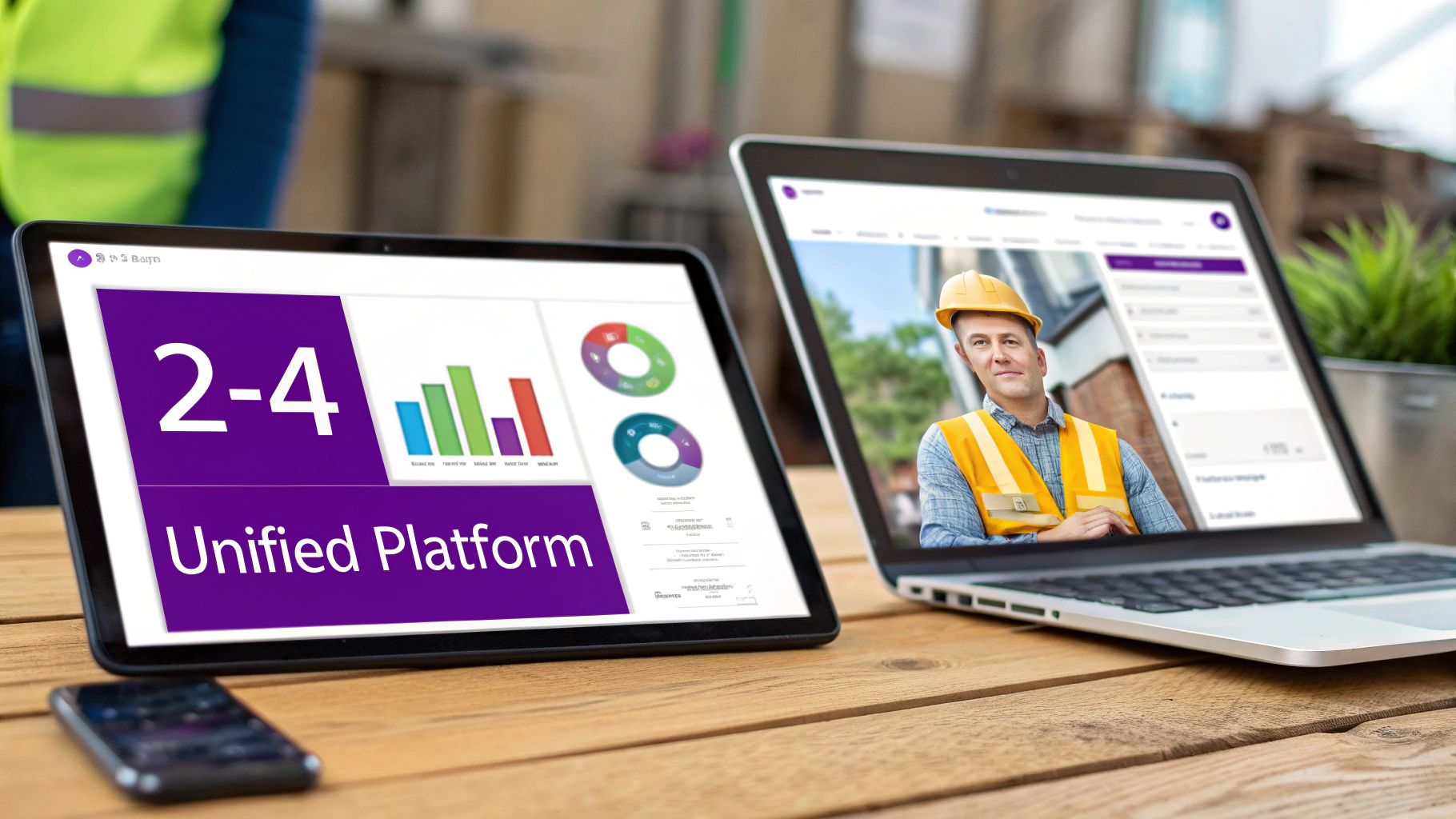 Tablet and laptop display a unified platform and a construction worker, suggesting digital construction management.