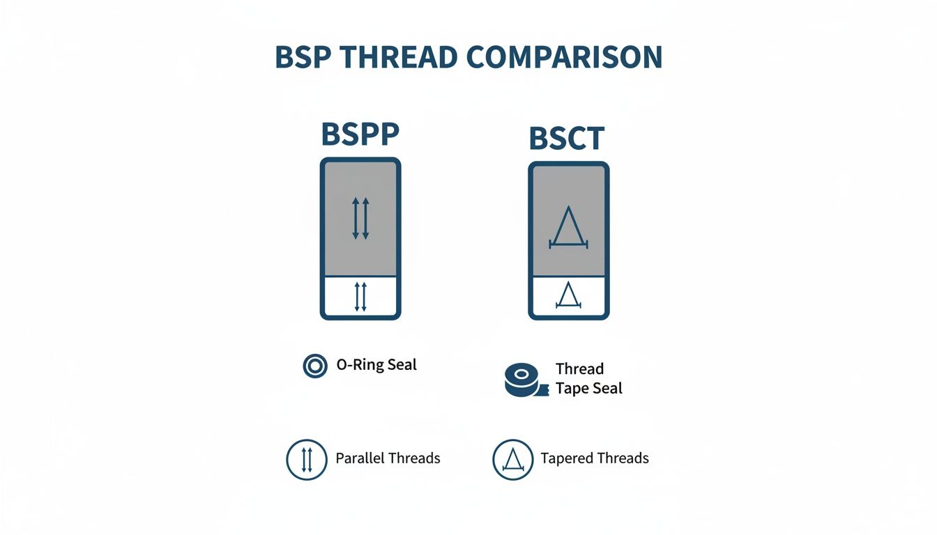 Diagram comparing BSPP and BSCT thread types, illustrating parallel vs. tapered threads and O-ring vs. thread tape seals.