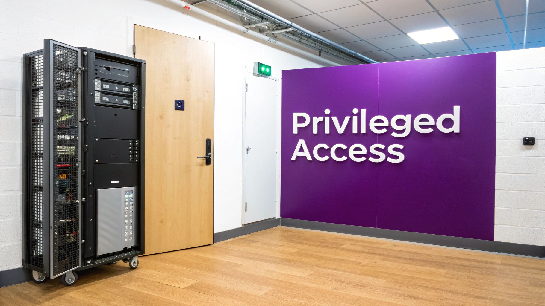 A server rack on wheels next to a door, with a purple wall displaying 'Privileged Access'.