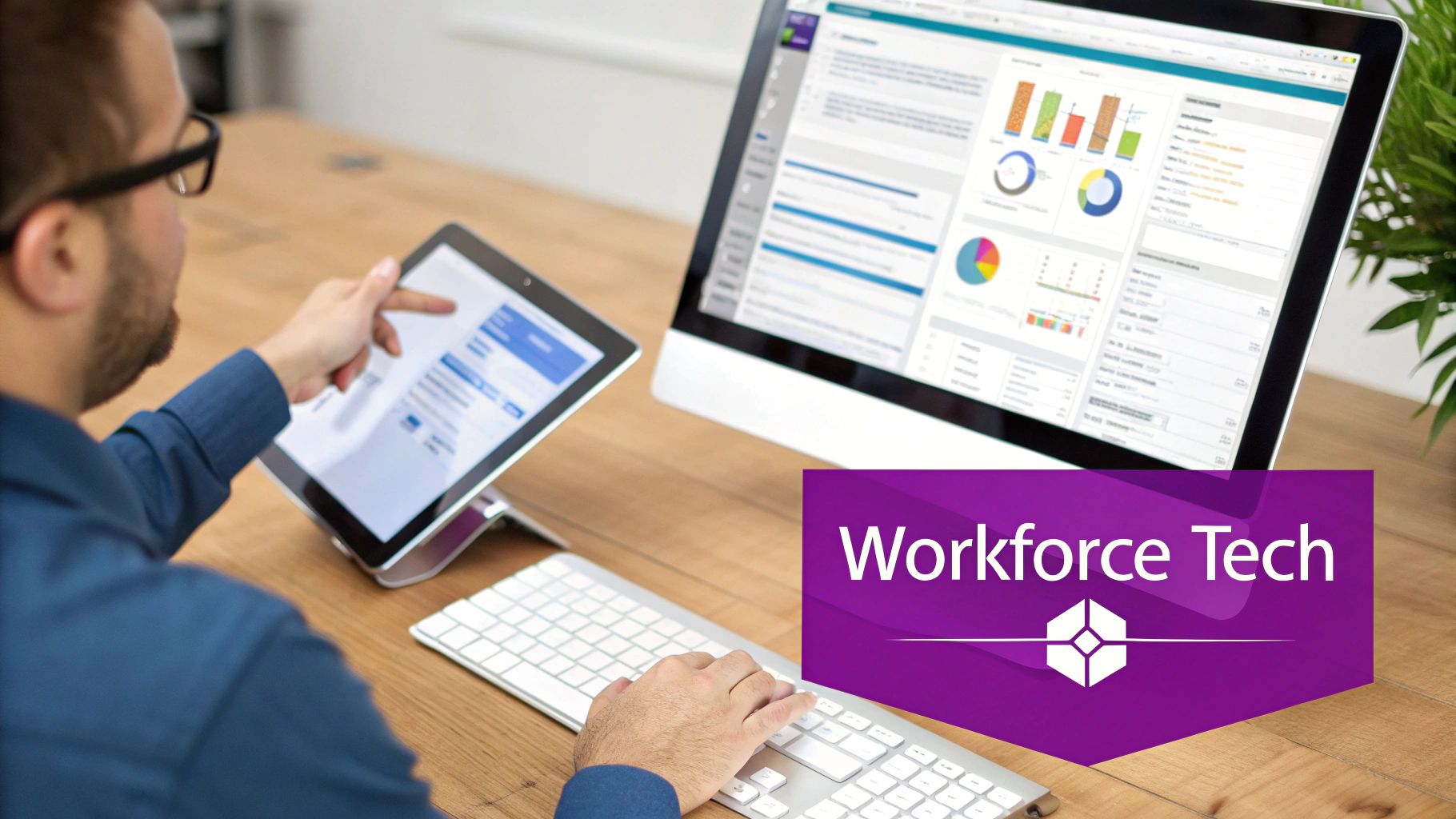 A man works at a desk, using a tablet and keyboard while viewing data on a large monitor.