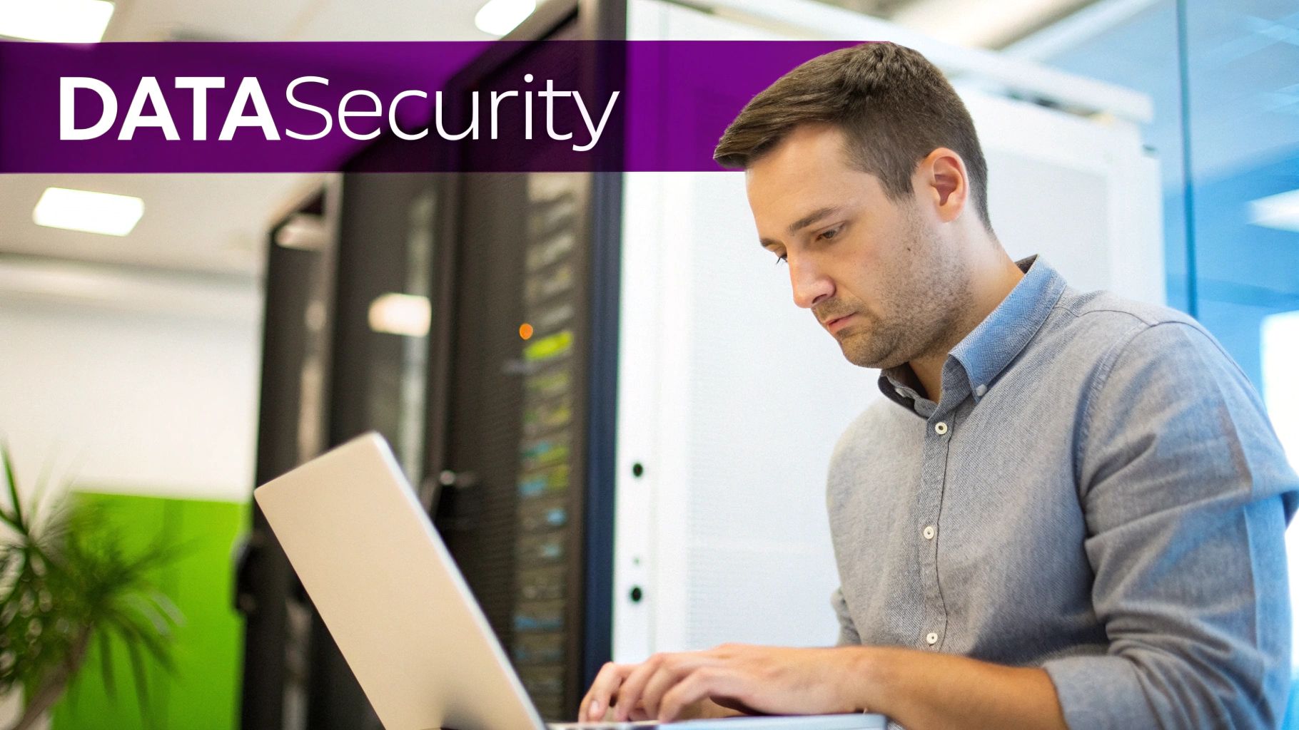 A man typing on a laptop in a server room, with 'DATA Security' overlaid.