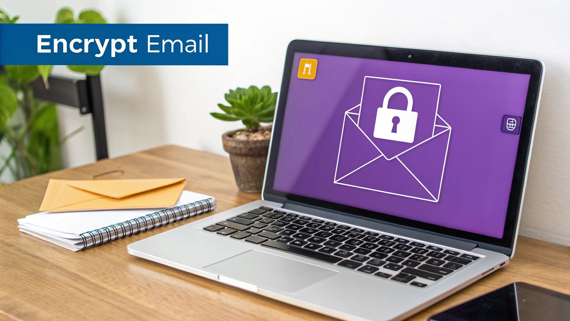 A laptop screen showing an encrypted email icon with a padlock, emphasizing email security.