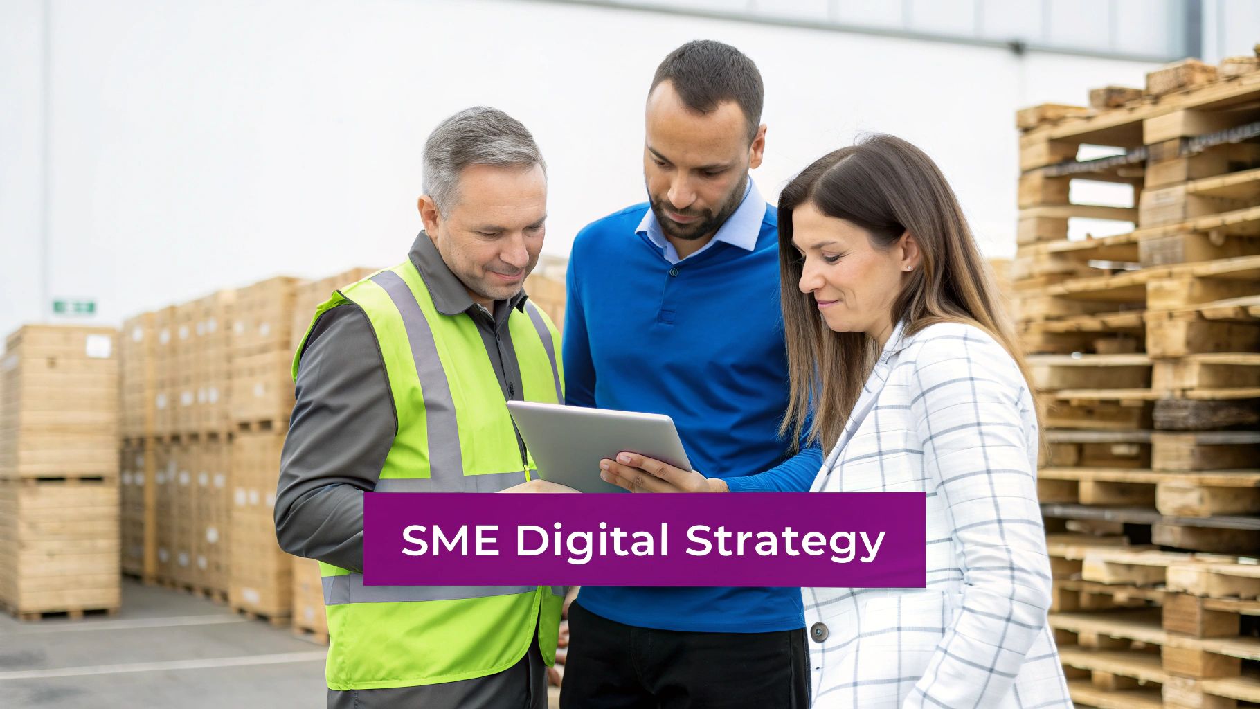 Three business professionals, including one in a high-vis vest, discuss a digital strategy on a tablet in a warehouse.