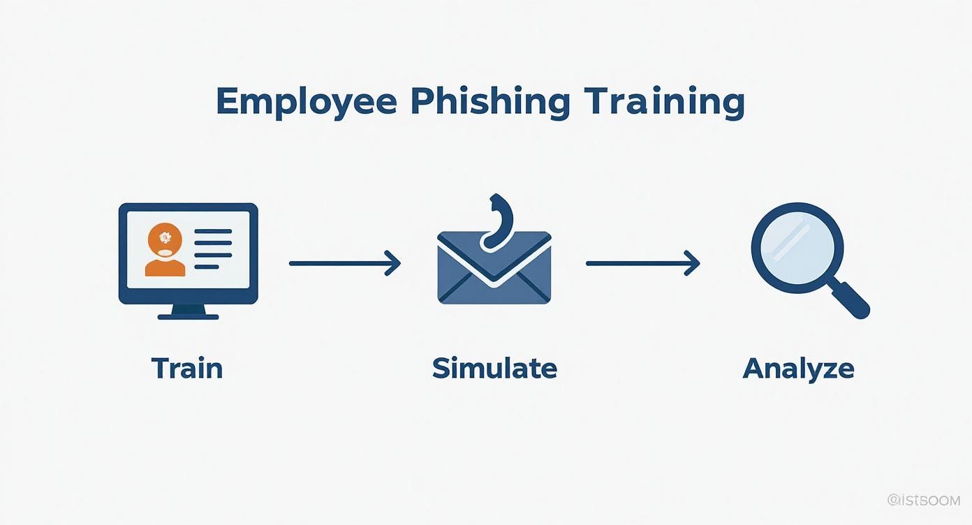 An infographic showing the process flow of employee phishing training, starting with a 'Train' icon, followed by a 'Simulate' icon, and ending with an 'Analyze' icon.