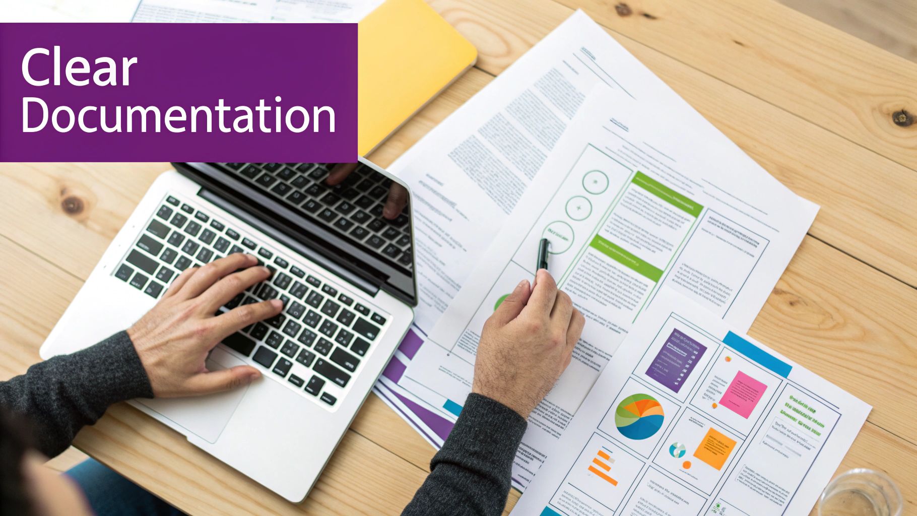Overhead view of a person working on a laptop and reviewing business documents with charts and graphs.