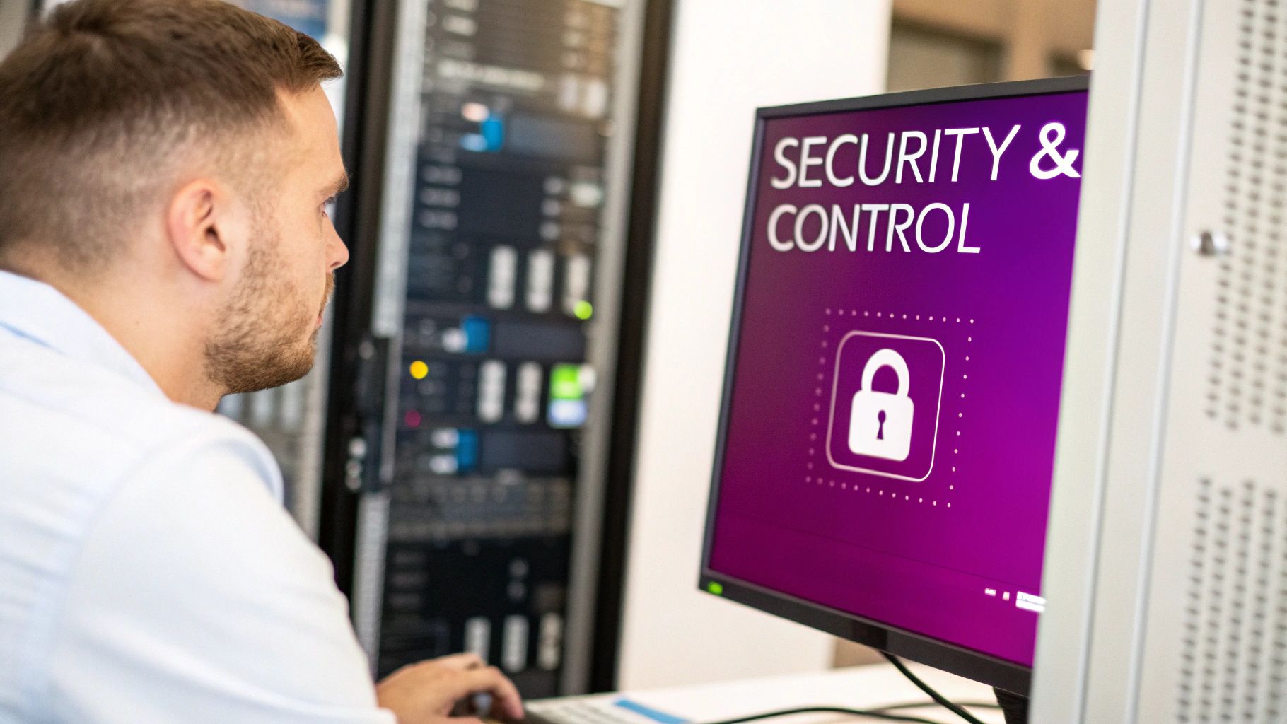 IT professional monitors 'Security & Control' on a computer screen in a server room.
