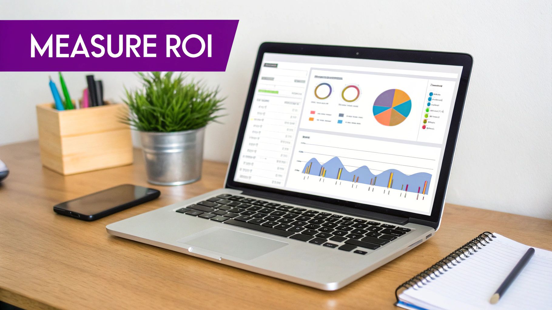 Laptop displaying colorful ROI analytics dashboard with charts and graphs on wooden desk workspace