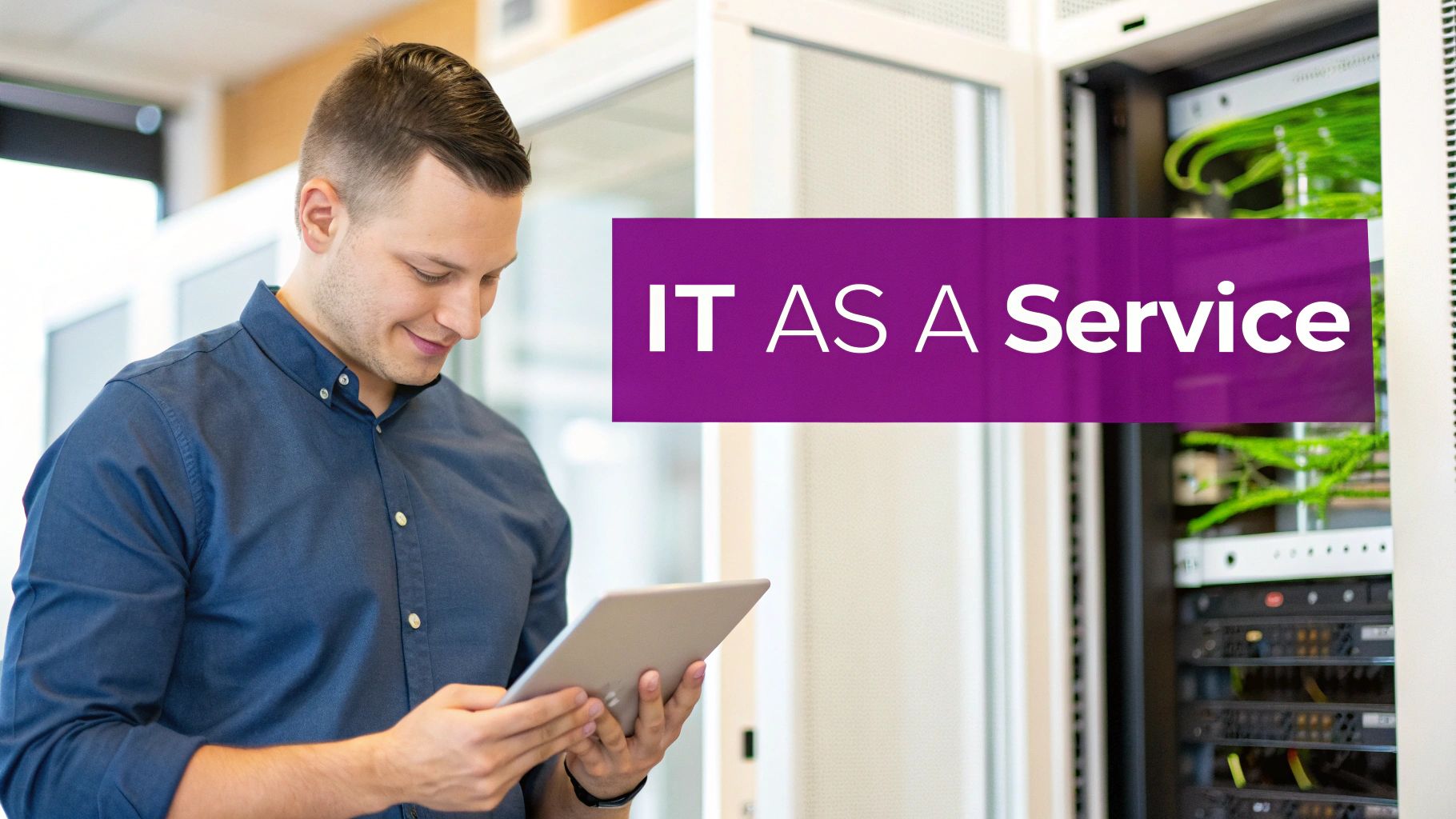 A smiling man in a blue shirt uses a tablet in a server room, with 'IT AS A Service' text overlay.