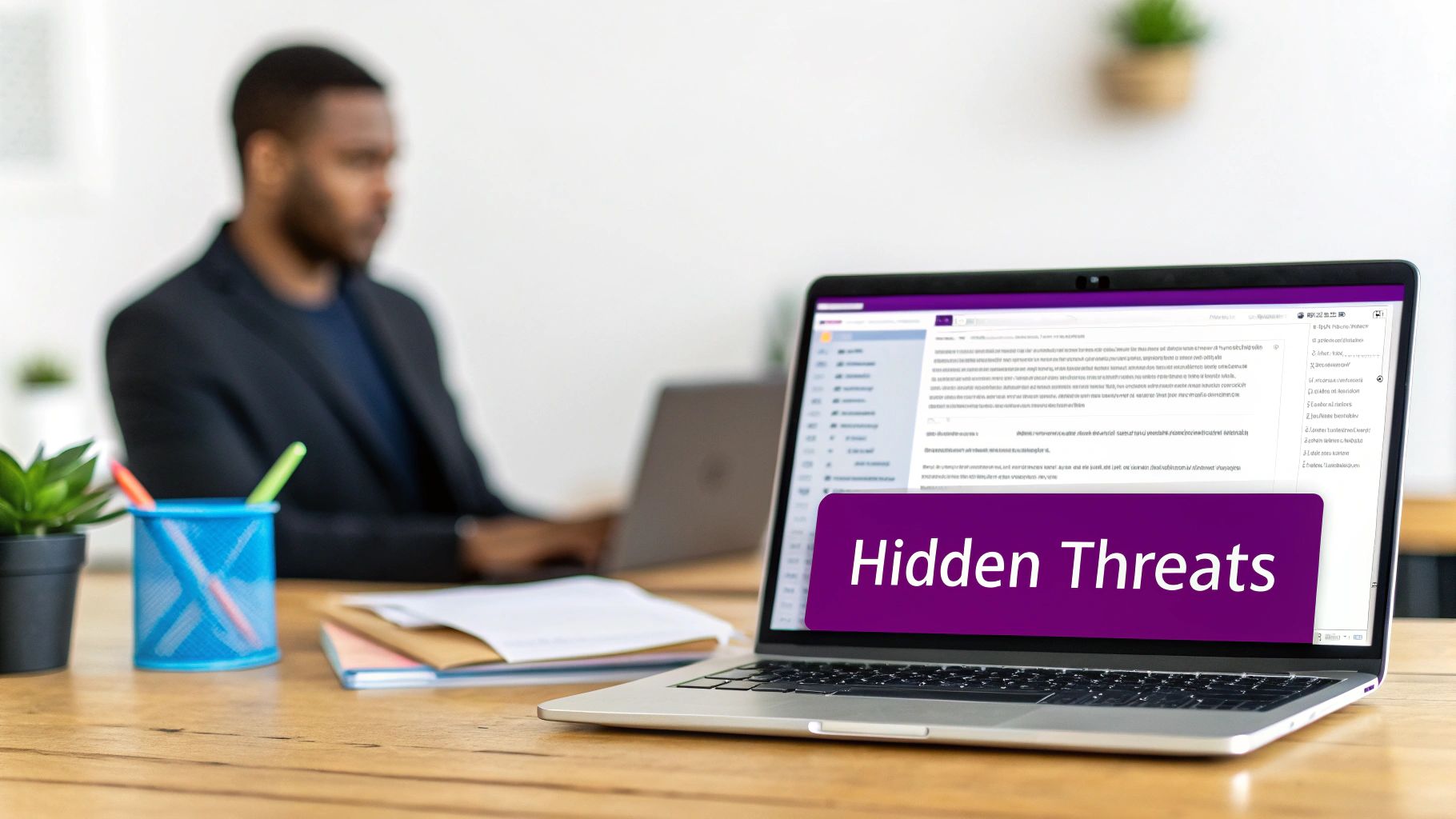 A person looking at a computer screen showing a warning about a phishing attack