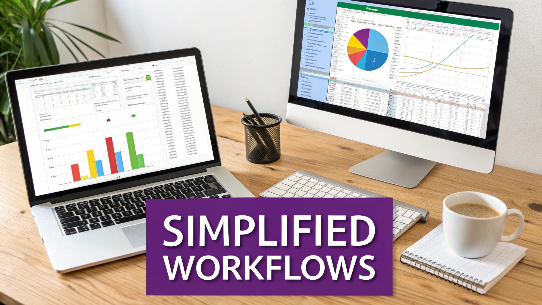 Laptop and monitor on a wooden desk showing business data, charts, and 'Simplified Workflows' text.