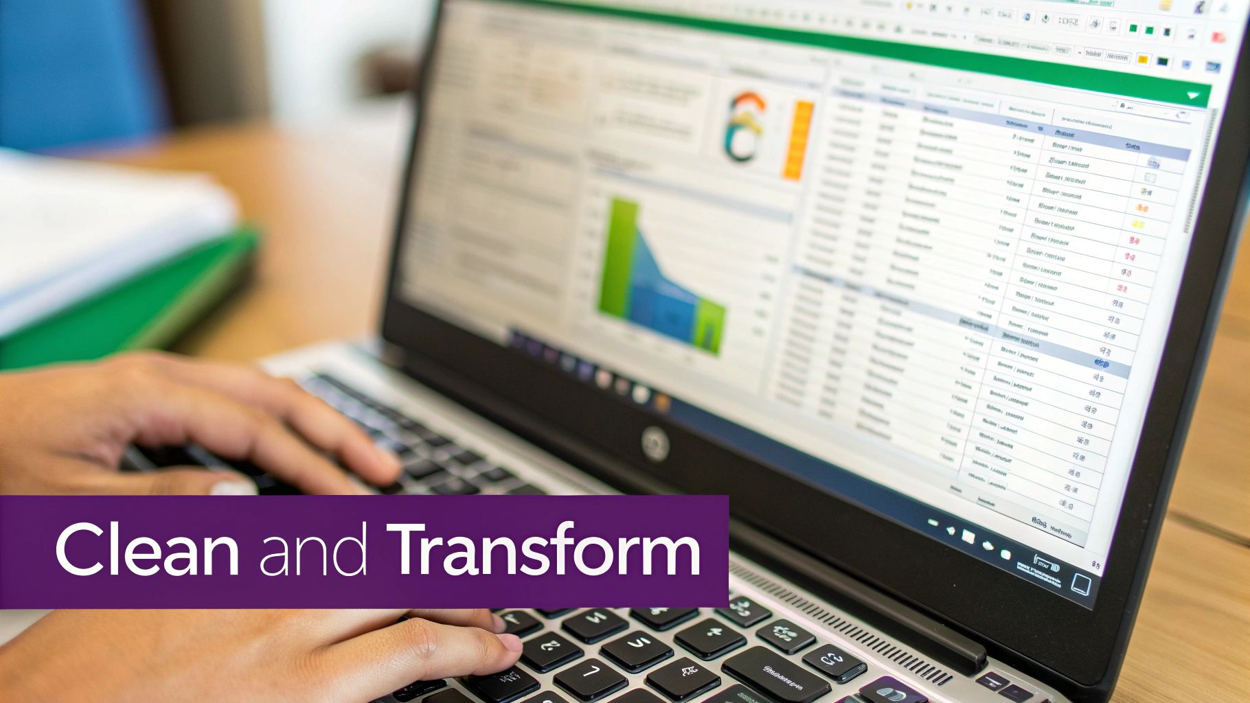 Hands typing on a laptop, displaying data analysis, charts, and tables in a spreadsheet application.