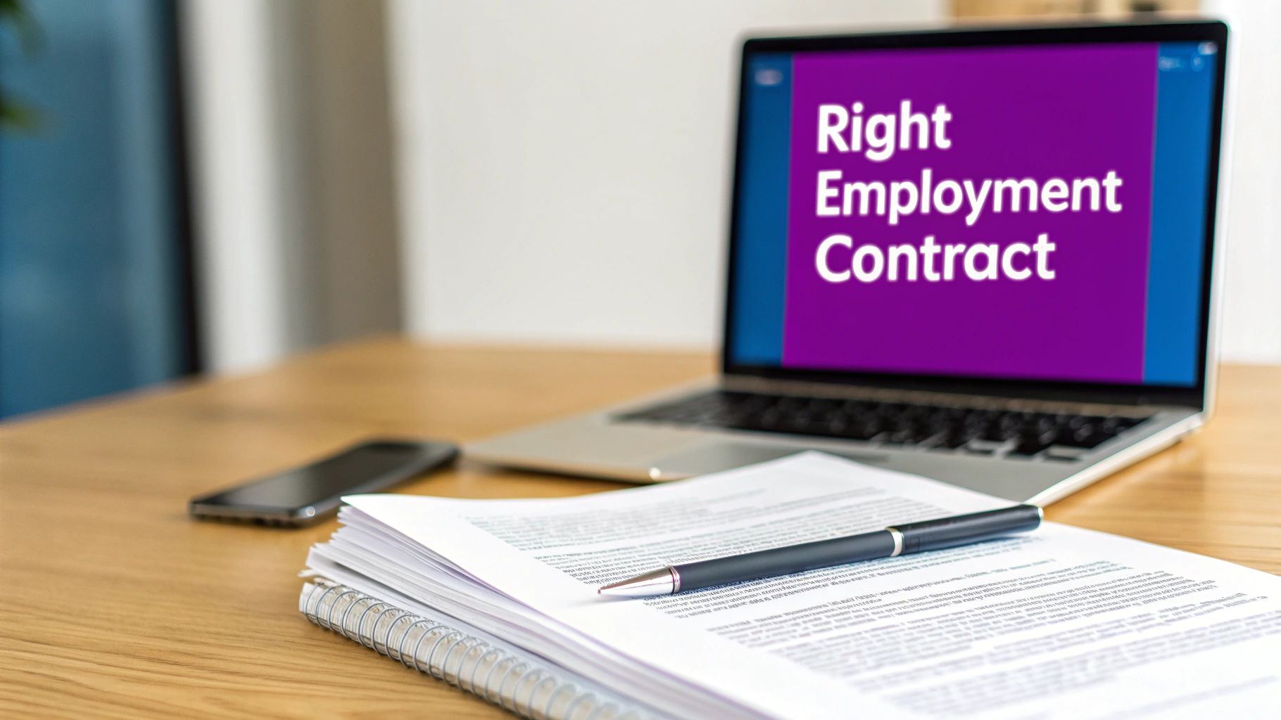 A laptop screen displays 'Right Employment Contract' on a desk with documents, a pen, and a phone.