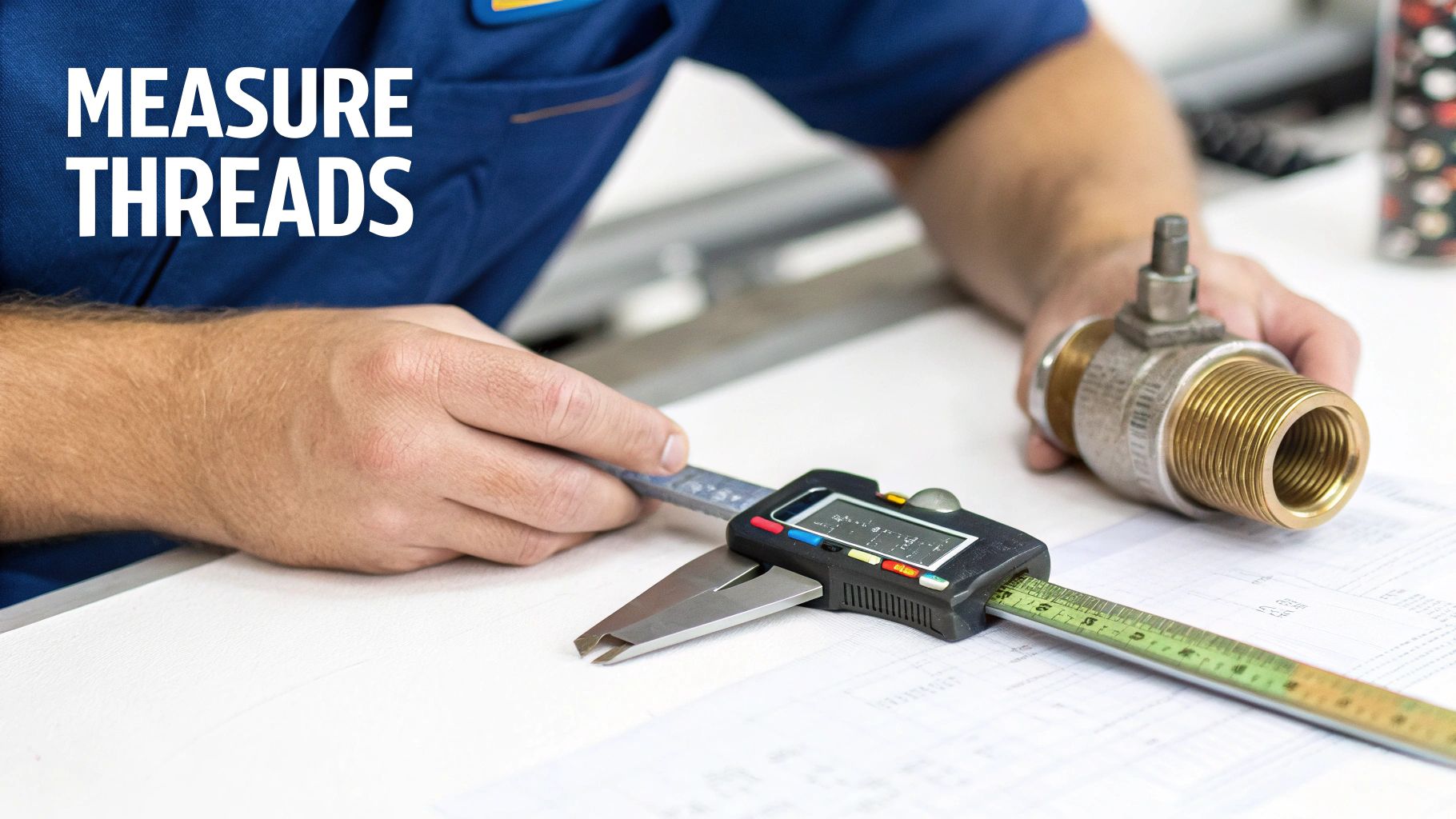 A person uses a digital caliper to measure the threads on a brass valve component.