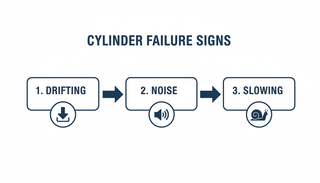 Diagram illustrating the three main signs of hydraulic cylinder failure: drifting, noise, and slowing.