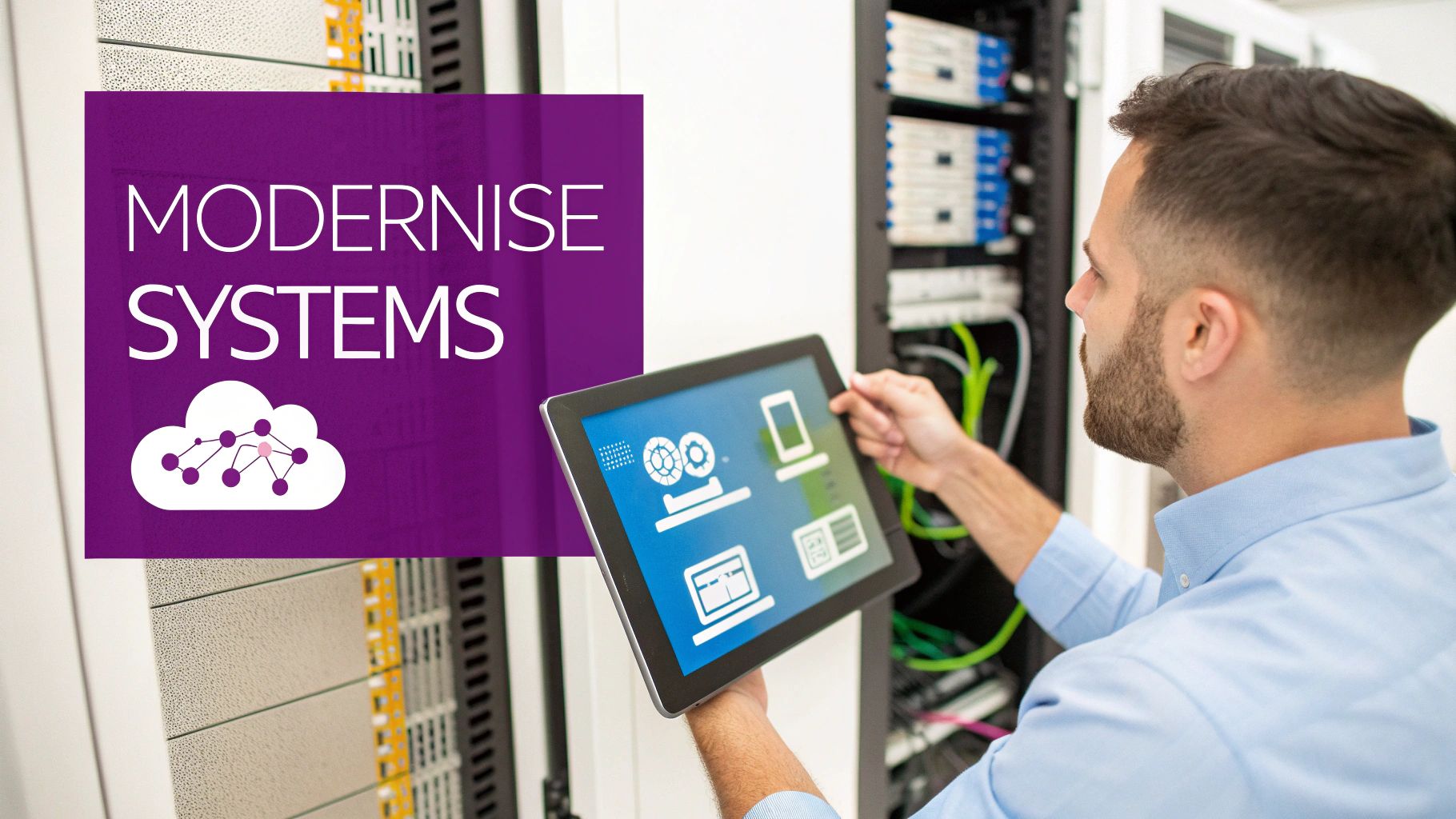 A man holding a tablet displaying tech icons, facing server racks with a 'Modernise Systems' text overlay.