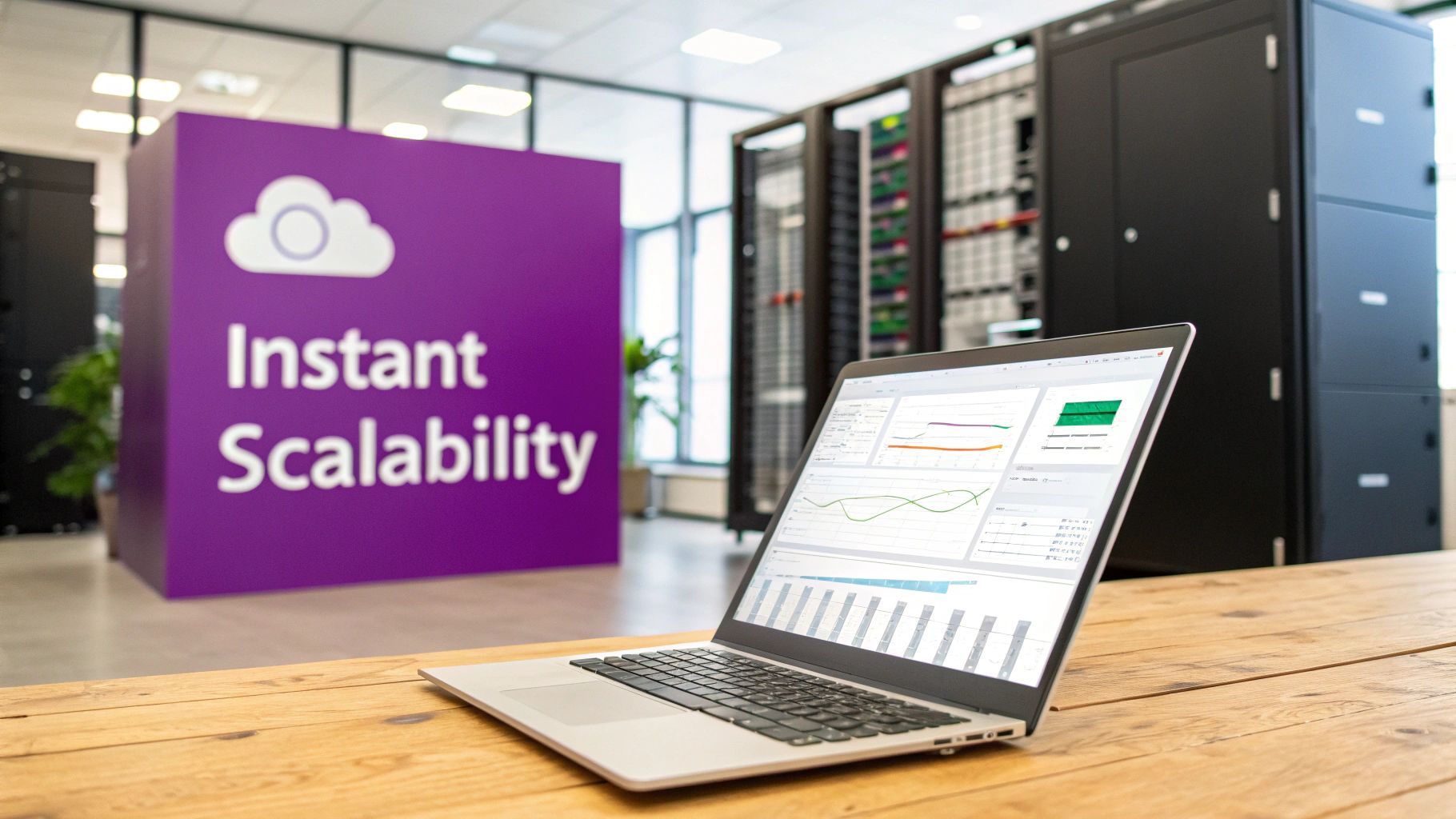 Laptop displays data graphs on a wooden table, with server racks and an 'Instant Scalability' cloud sign in the background.