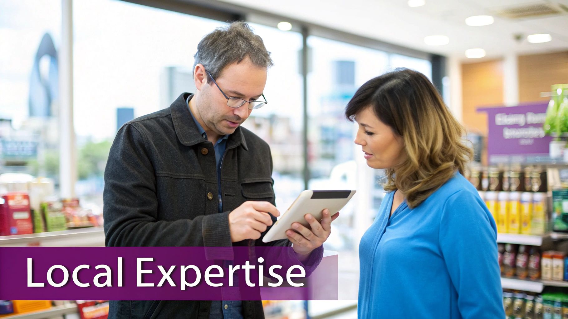A man wearing glasses shows a woman a tablet in a store, demonstrating local expertise.
