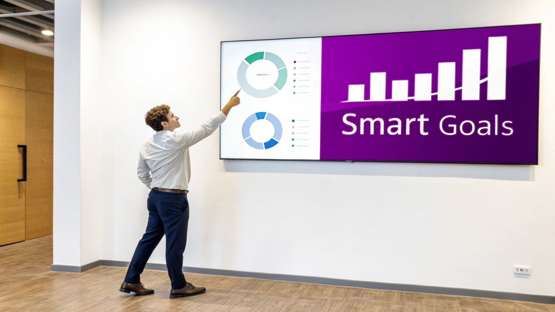 A man in a shirt and trousers points at a large screen displaying "Smart Goals" and data charts, preparing for a manager performance evaluation.