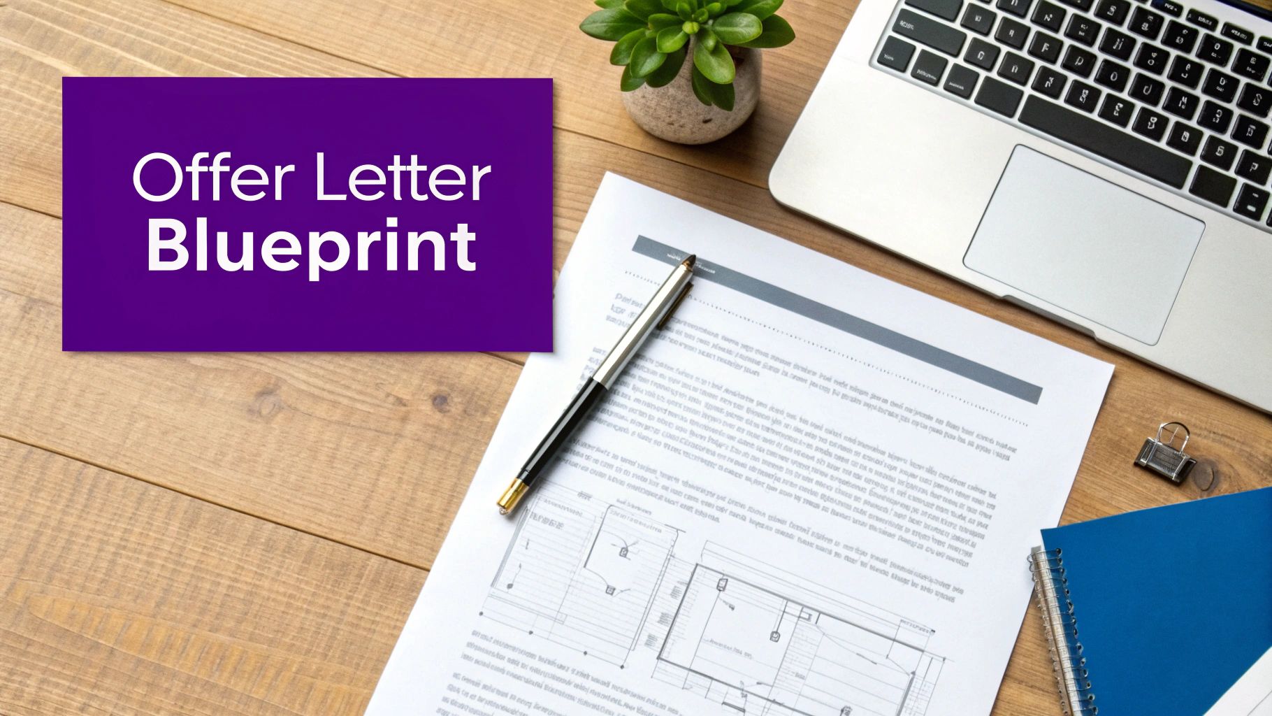 A desk with a laptop, pen, document, and a purple sign displaying 'Offer Letter Blueprint'.
