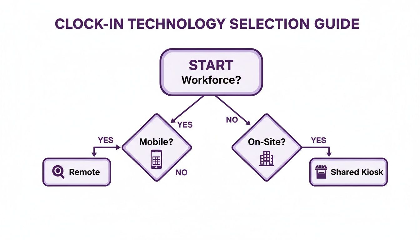 Flowchart guiding clock-in technology selection based on workforce type: mobile, on-site, remote, or shared kiosk.