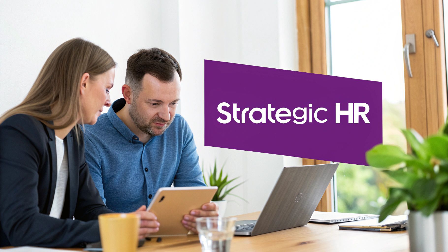 Two professionals, a woman and a man, collaborate on a tablet with 'Strategic HR' text.