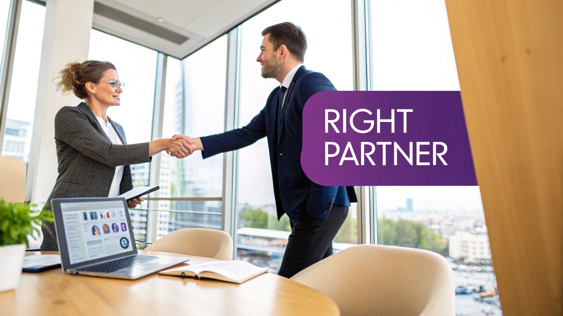 Smiling business partners shaking hands in a bright, modern office overlooking a city skyline.