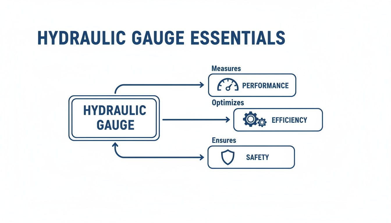 A diagram illustrating hydraulic gauge essentials, showing how it measures performance, optimises efficiency, and ensures safety.