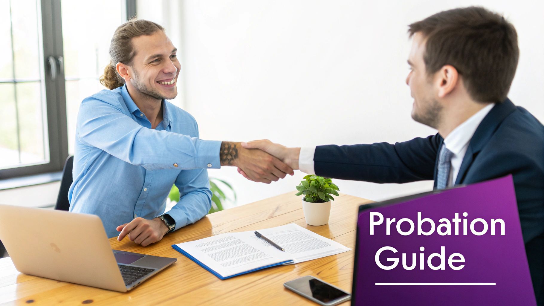 Two happy men shaking hands in an office, with a 'Probation Guide' folder on the table.
