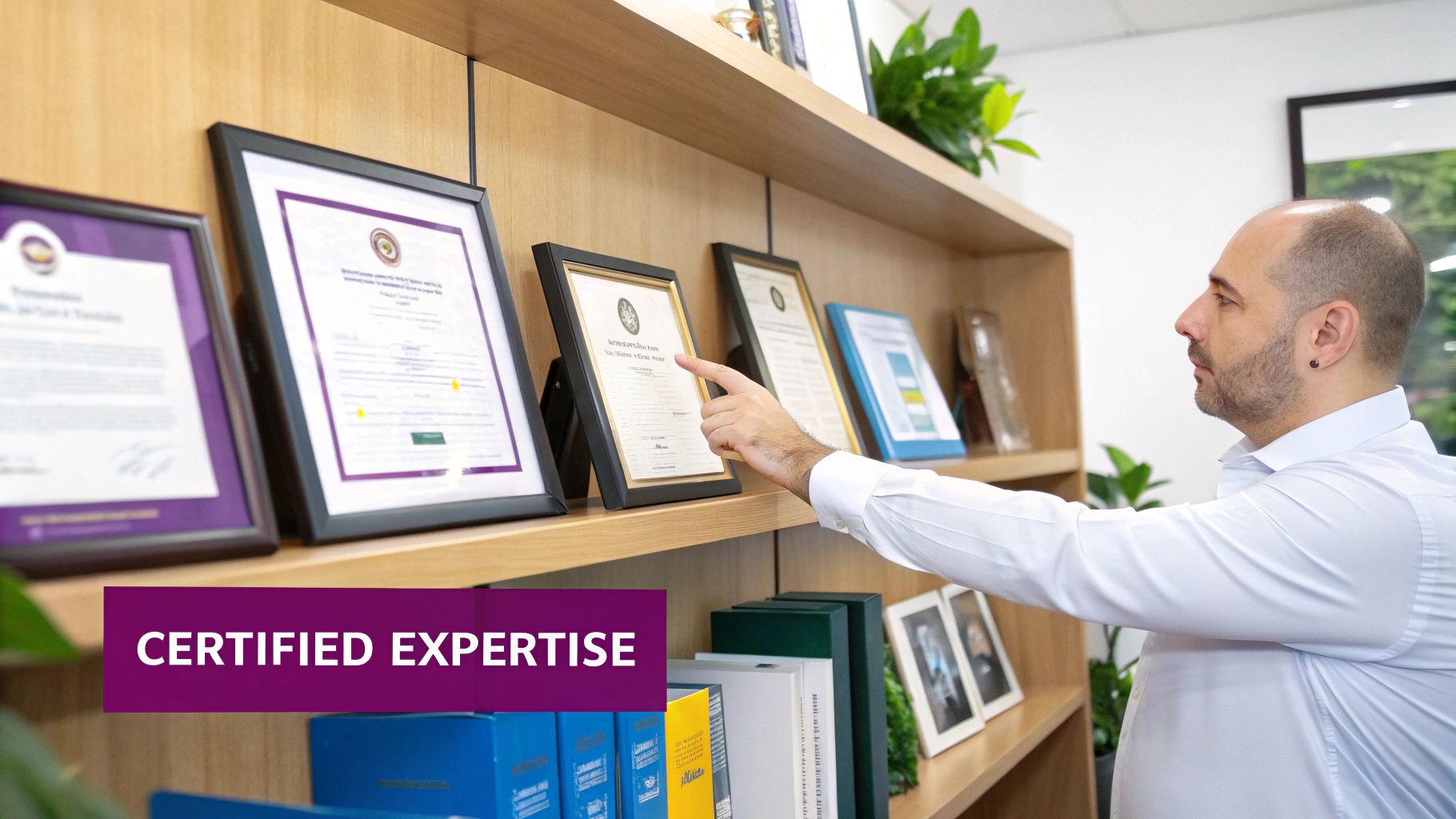 A man points to framed certificates of expertise and qualifications displayed on a wooden shelf.