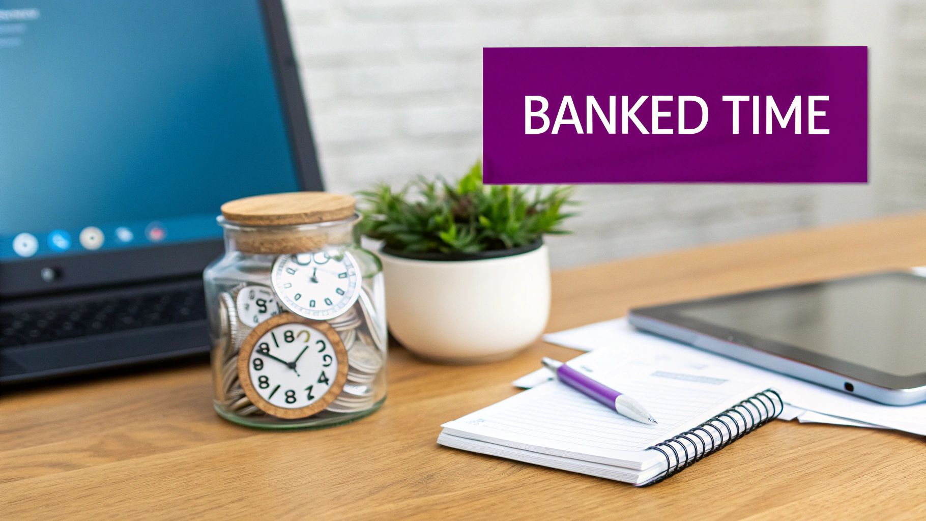A wooden desk with a jar of clocks and coins, a laptop, and the text 'BANKED TIME'.