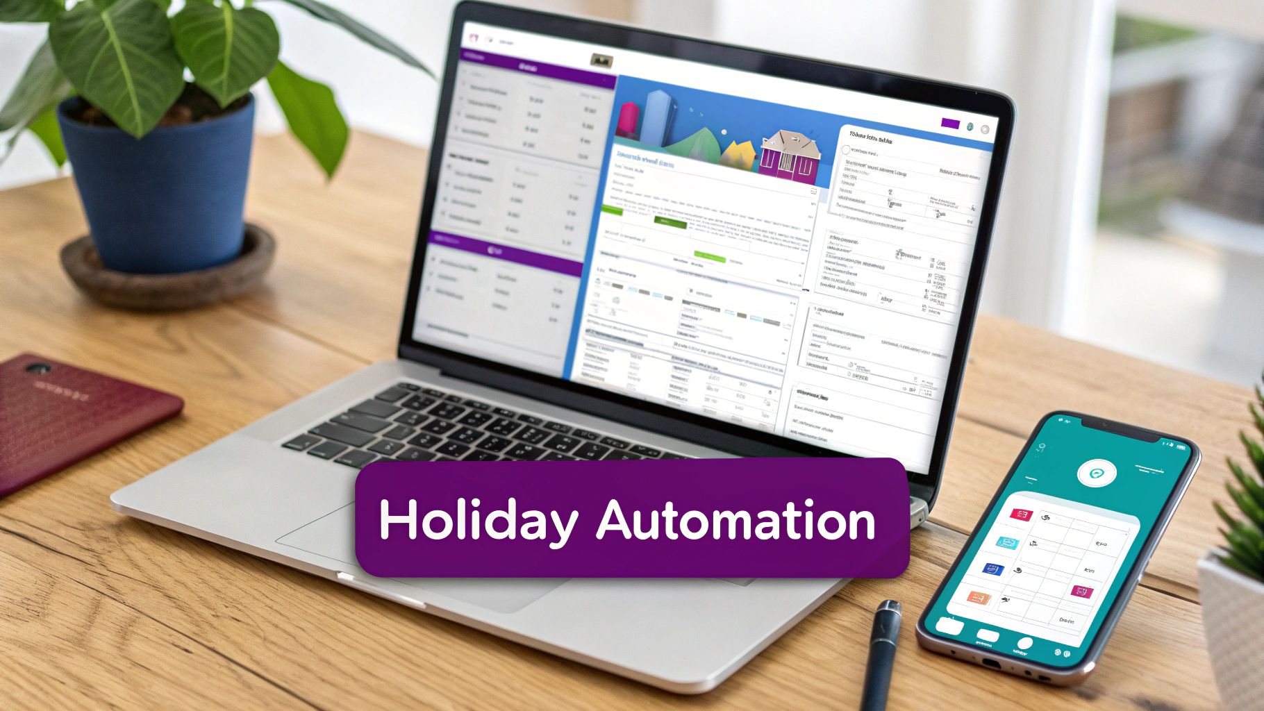 Laptop and smartphone on a wooden desk displaying software interfaces and a 'Holiday Automation' banner.