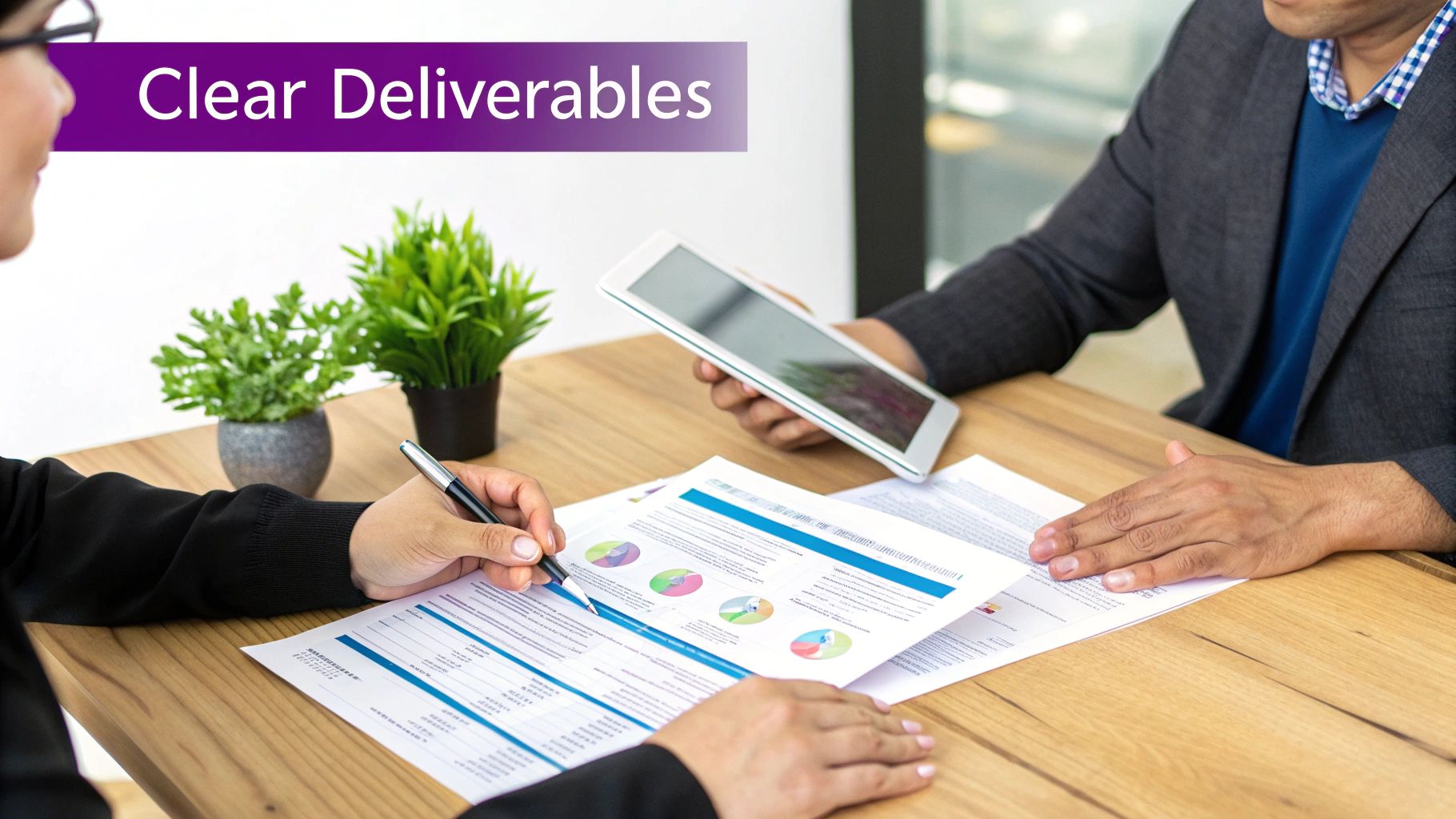 Two business professionals collaborating on documents and a tablet, discussing clear deliverables.