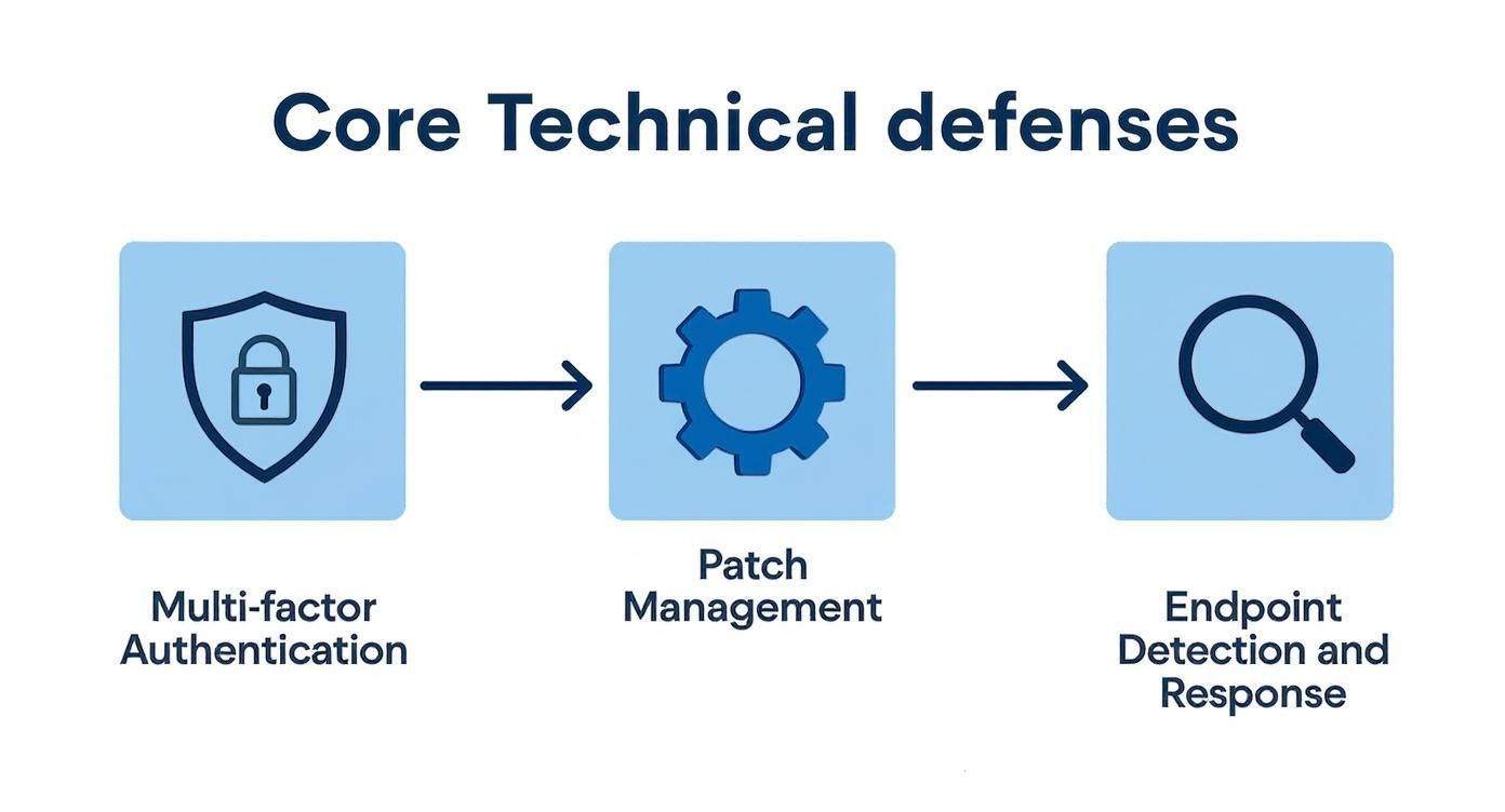 Infographic showing the process flow of core technical defenses: MFA (shield lock icon), Patch (gear update icon), and EDR (magnifying glass icon).