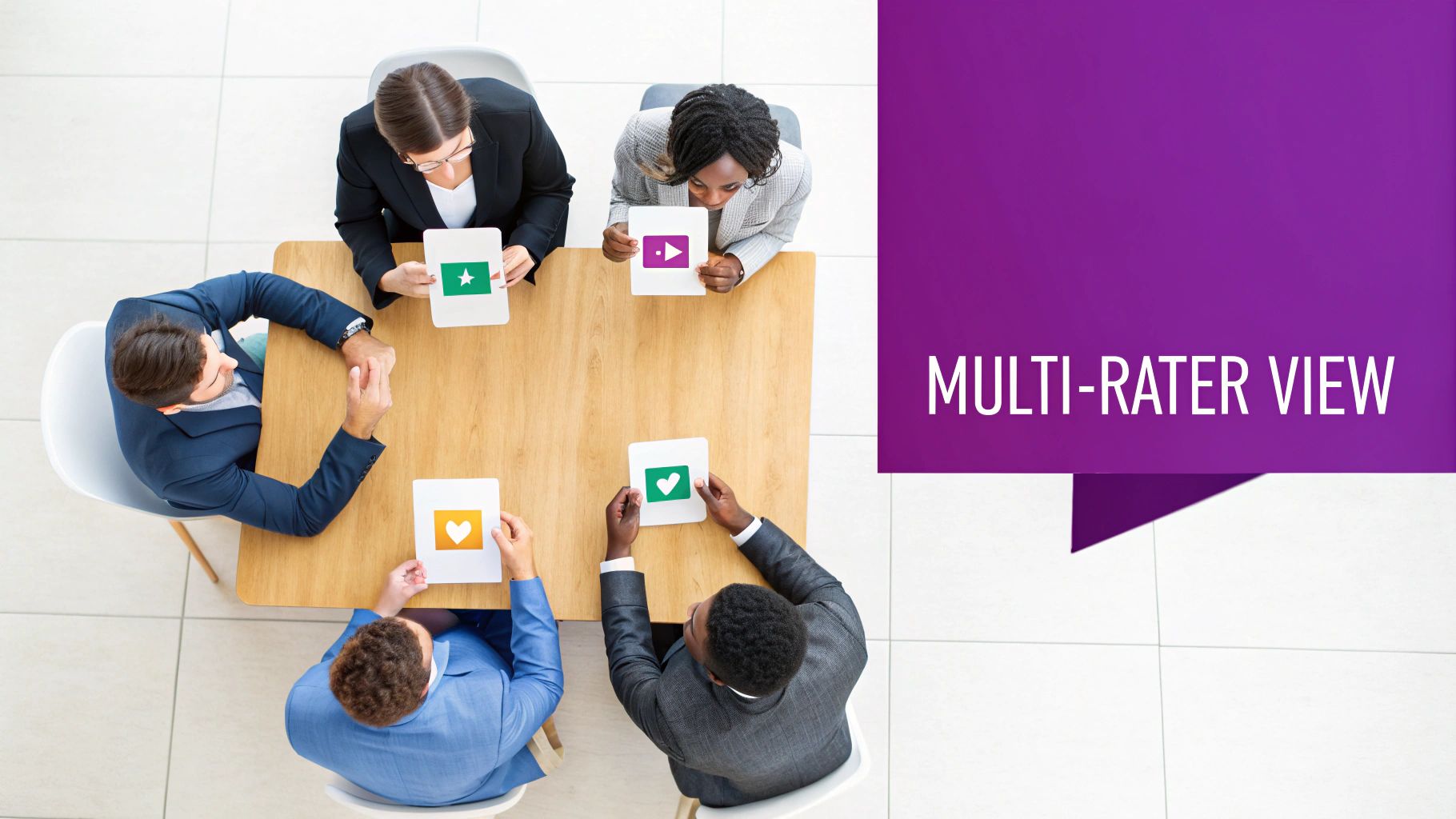 Five diverse professionals at a table holding feedback cards, illustrating a multi-rater view.