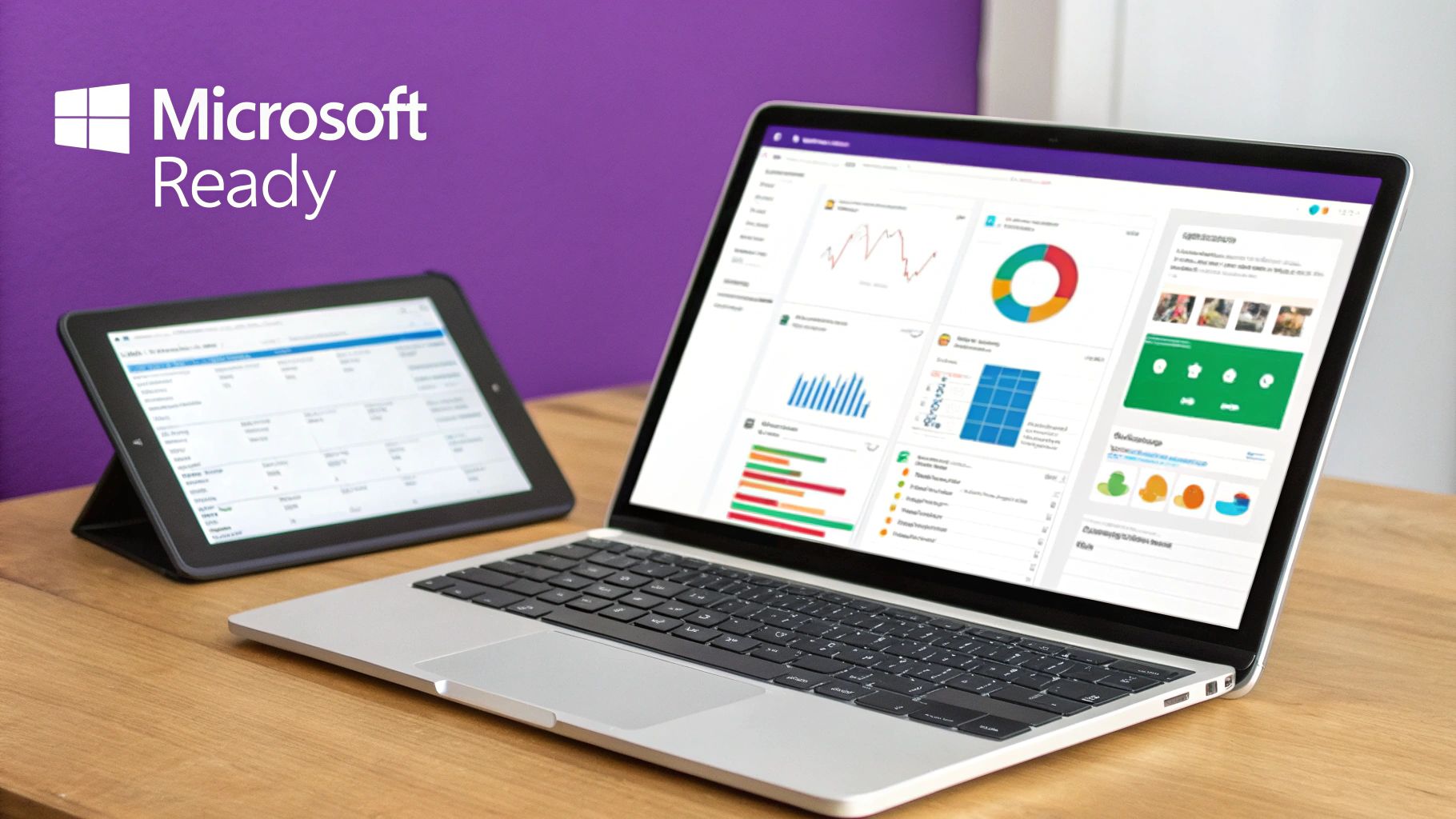 A laptop and tablet on a wooden desk displaying business dashboards and data tables, with a Microsoft Ready logo.