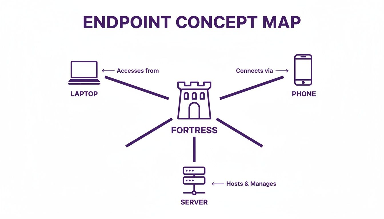 A concept map showing a central fortress connected to a laptop, phone, and server.