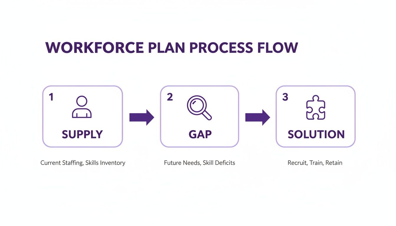 Workforce plan process flow diagram illustrates three steps: Supply, Gap analysis, and Solution strategies.