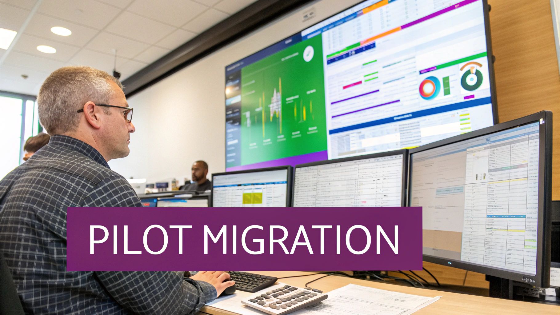 A man in glasses at a desk with multiple monitors, overseeing data on large screens for pilot migration.