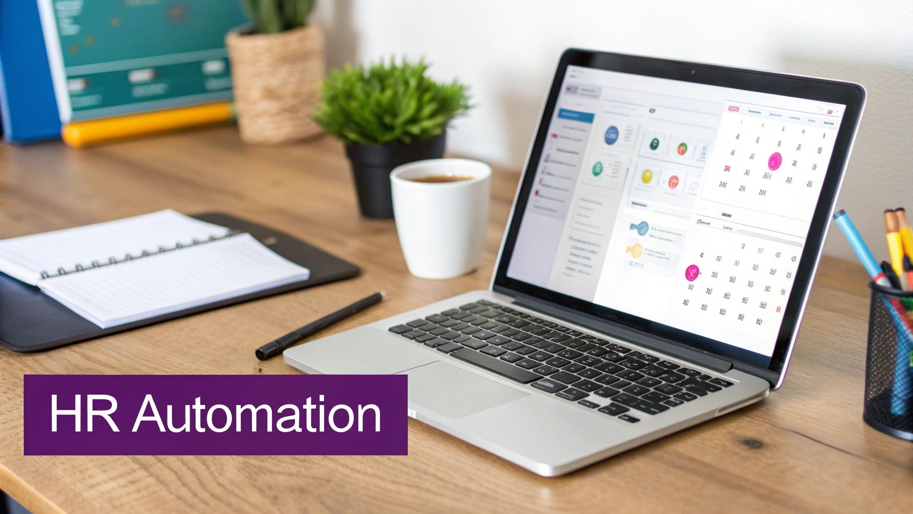 A modern office desk with a laptop showing HR automation software, coffee, and a notebook.