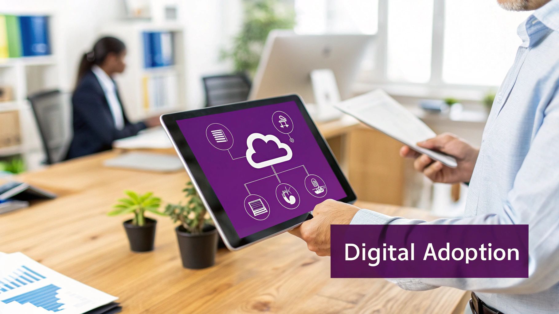 A man in an office holds a tablet showing a cloud technology diagram, emphasizing digital adoption.