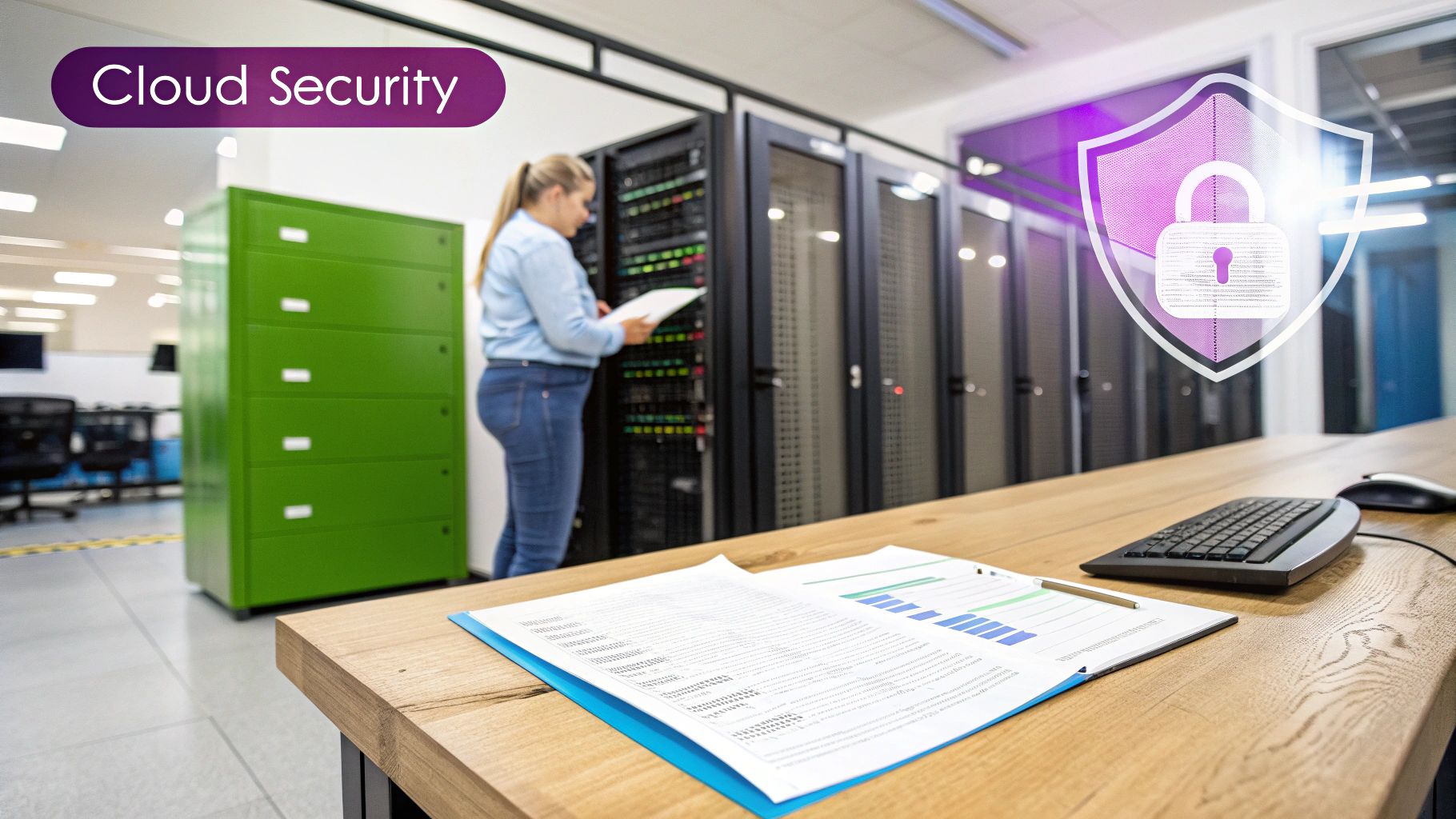 A woman technician inspects server racks in a data center, emphasizing cloud security.