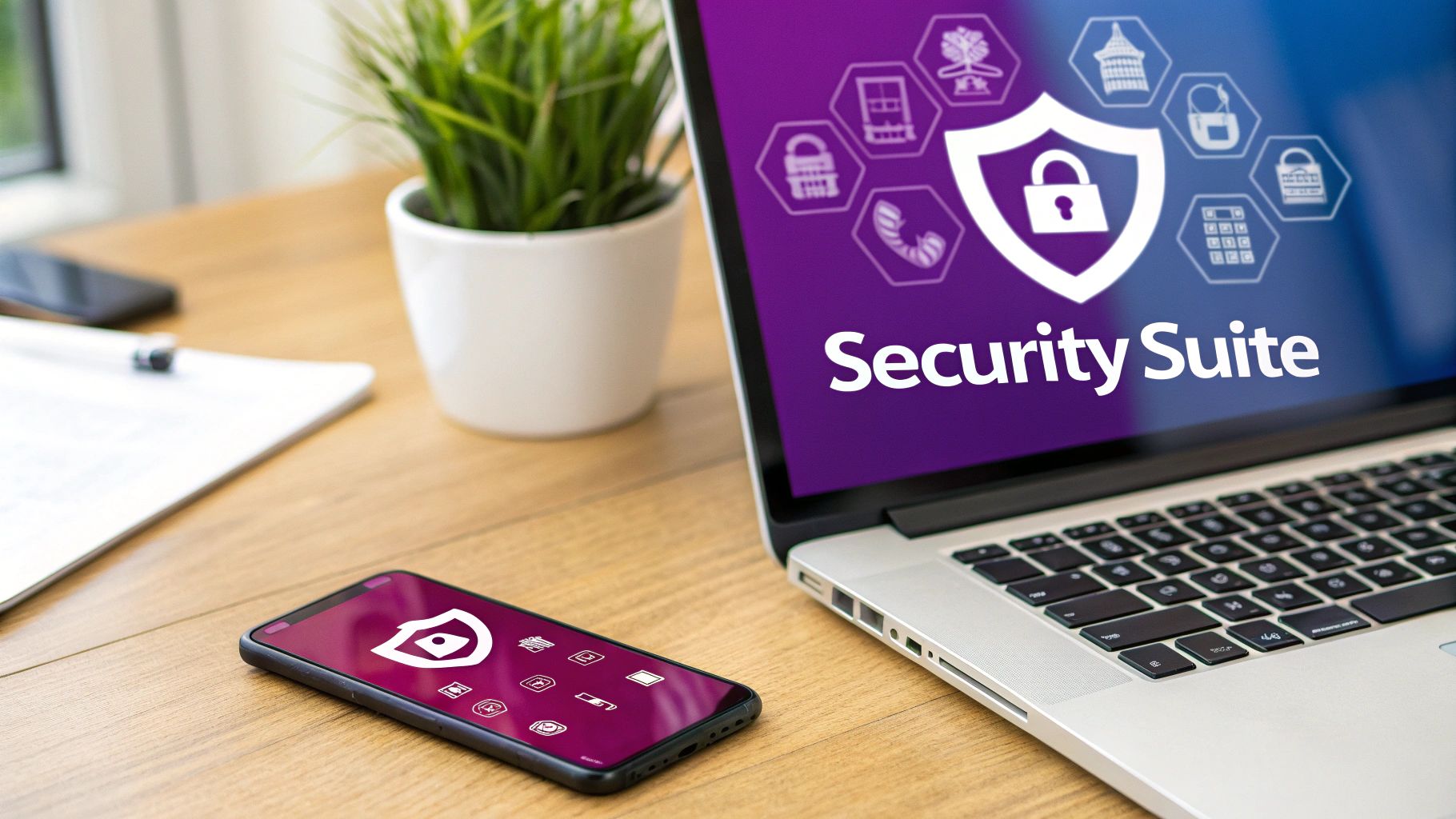 A laptop and smartphone display a 'Security Suite' application with shield and padlock icons.