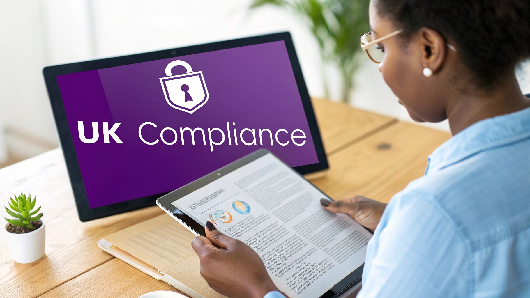 A woman reviews documents on a tablet, with a laptop displaying 'UK Compliance' in the background.