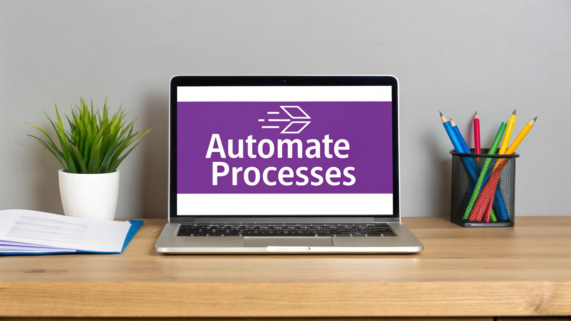 A digital illustration showing interconnected gears and icons representing various business tasks like email, documents, and charts, all flowing smoothly together.
