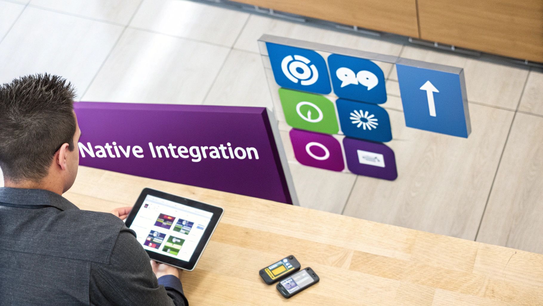 A person views content on a tablet at a desk, with a sign reading 'Native Integration' and various app icons.