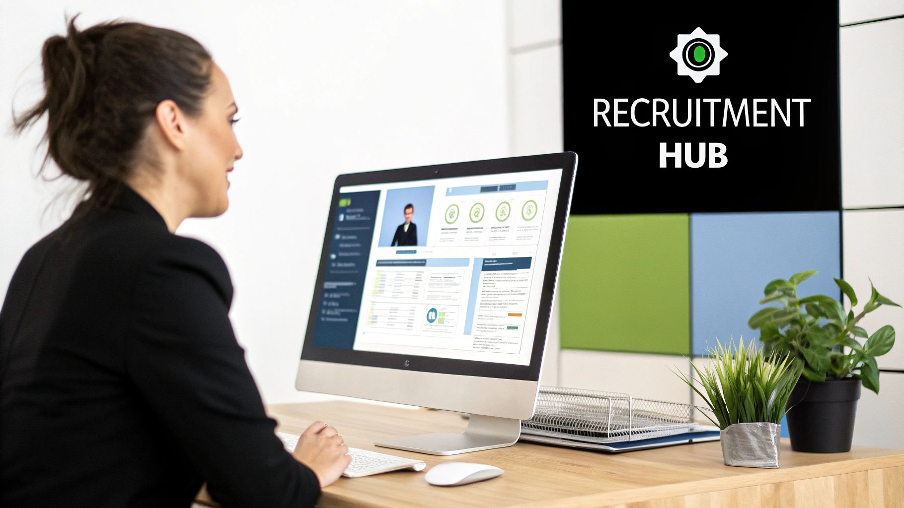 A group of professionals collaborating around a computer screen showing HR data, representing an applicant tracking system in use.