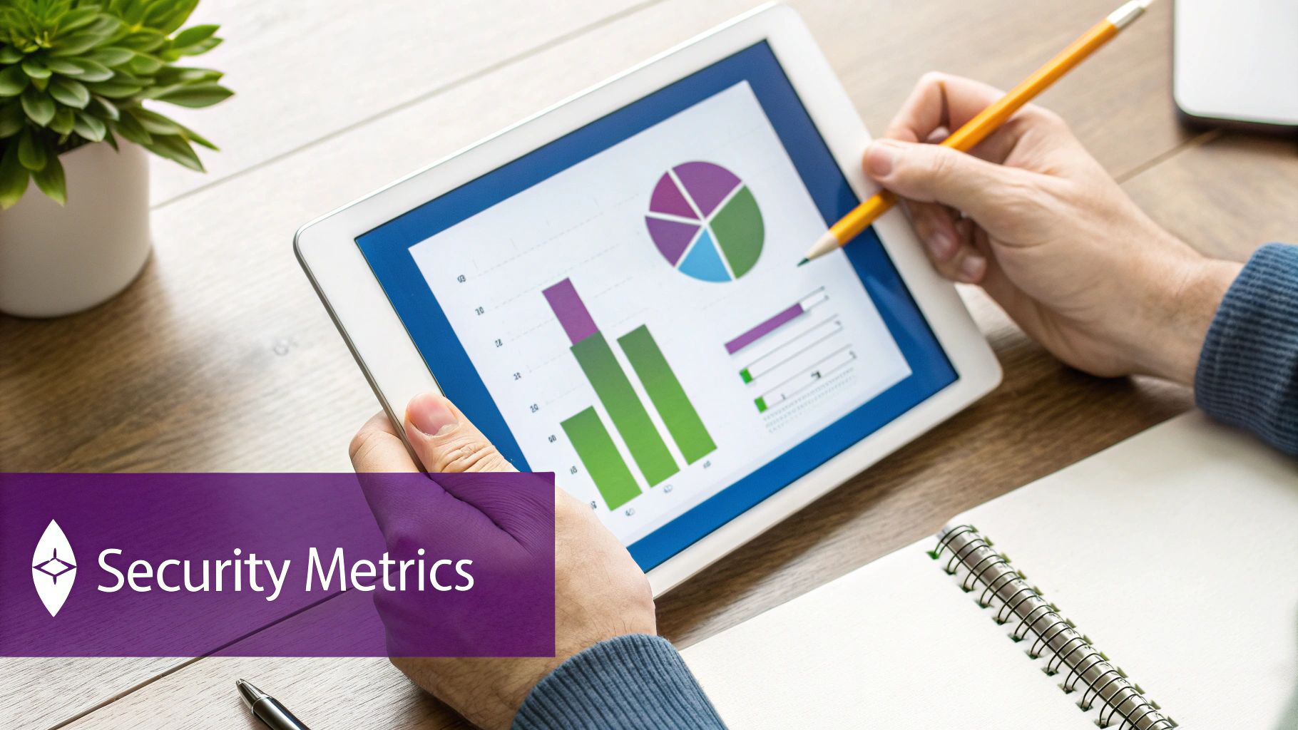 Hands holding a tablet displaying security metrics graphs and a pie chart, with a pencil.