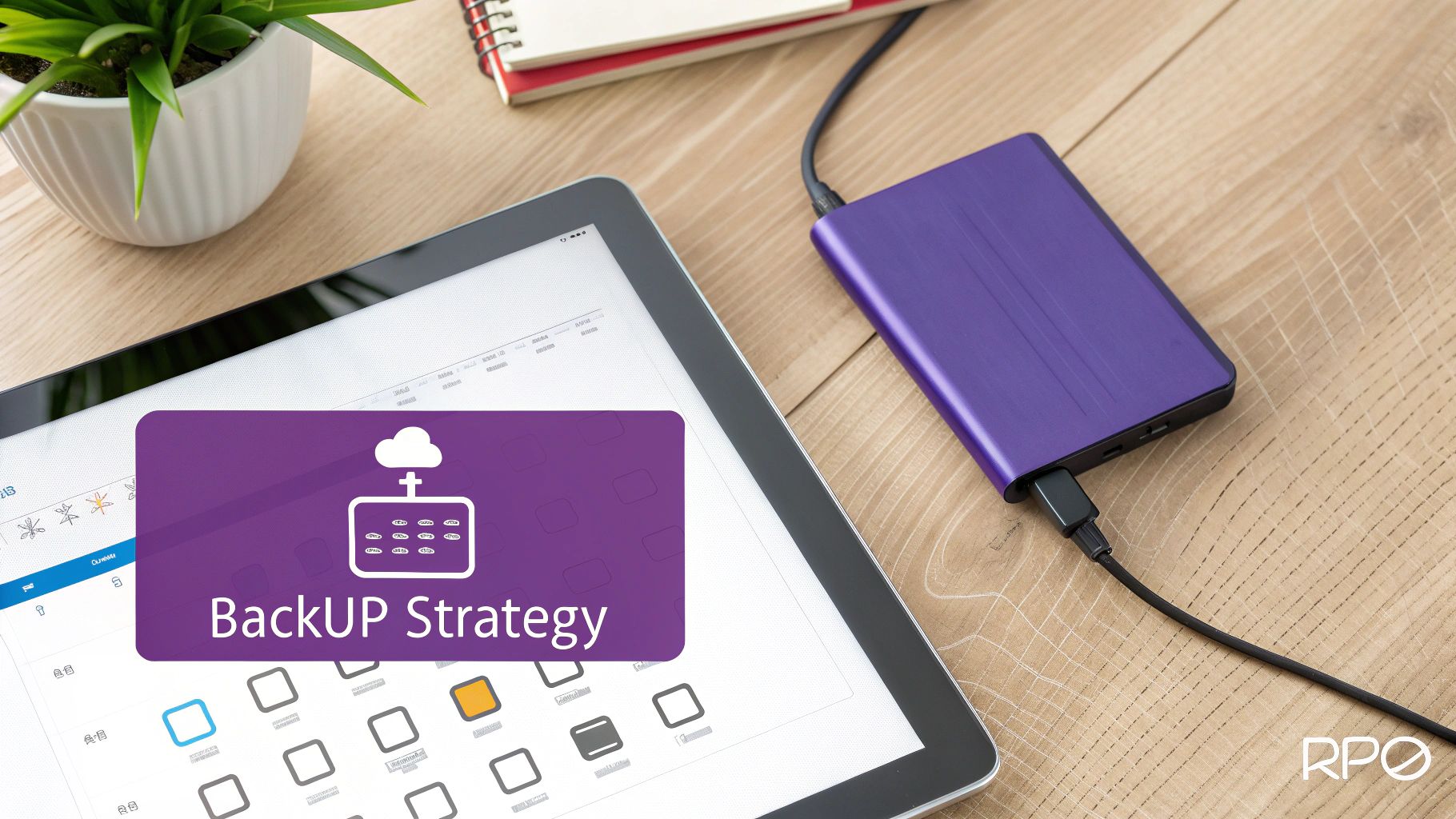 A tablet displaying 'BackUP Strategy' and an external hard drive on a wooden desk.