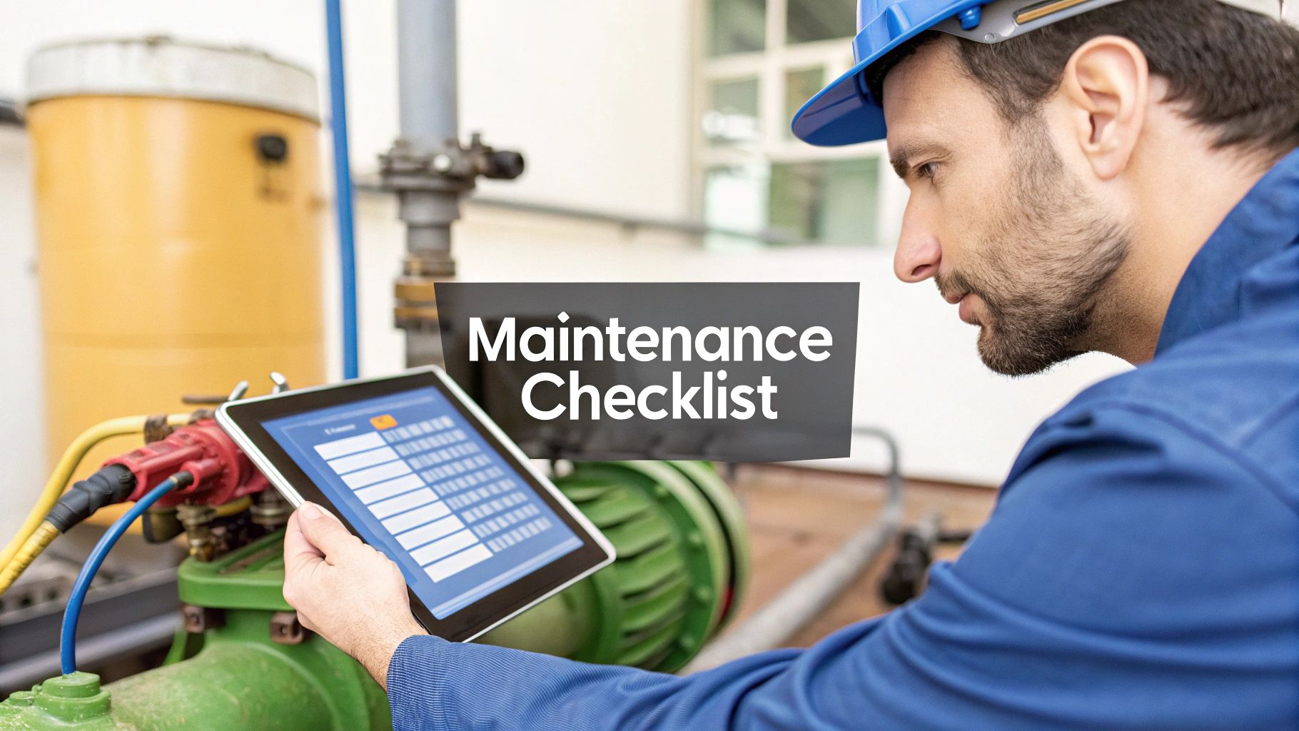 An engineer in a hard hat reviews a digital maintenance checklist on a tablet amidst industrial equipment.
